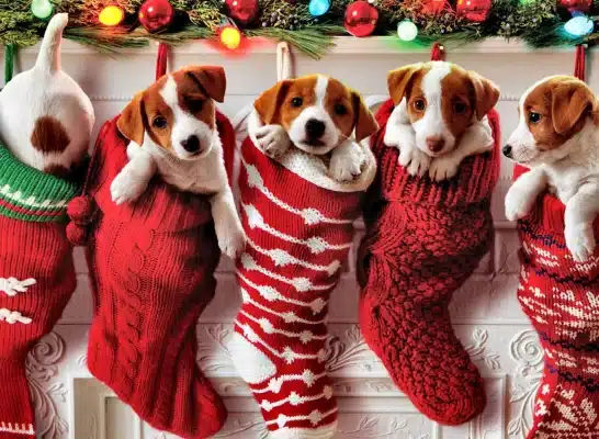 cuatro cachorros están sentados en medias navideñas